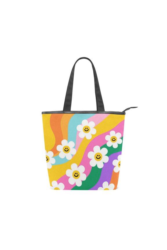 Zipper canvas bag large capacity large size practical handbag durable Canvas with leather material Smiley Daisy on Rainbow Background