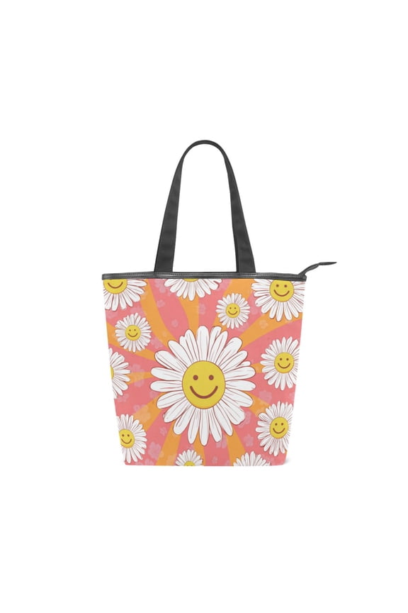 Zipper canvas bag large capacity large size practical handbag durable Canvas with leather material Smiley Face on Orange Background
