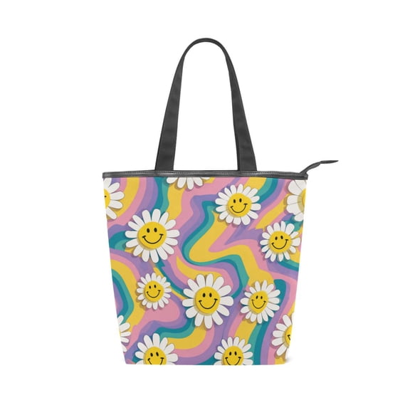 Zipper canvas bag large capacity large size practical handbag durable Canvas with leather material Smiley Faces on The Flowers