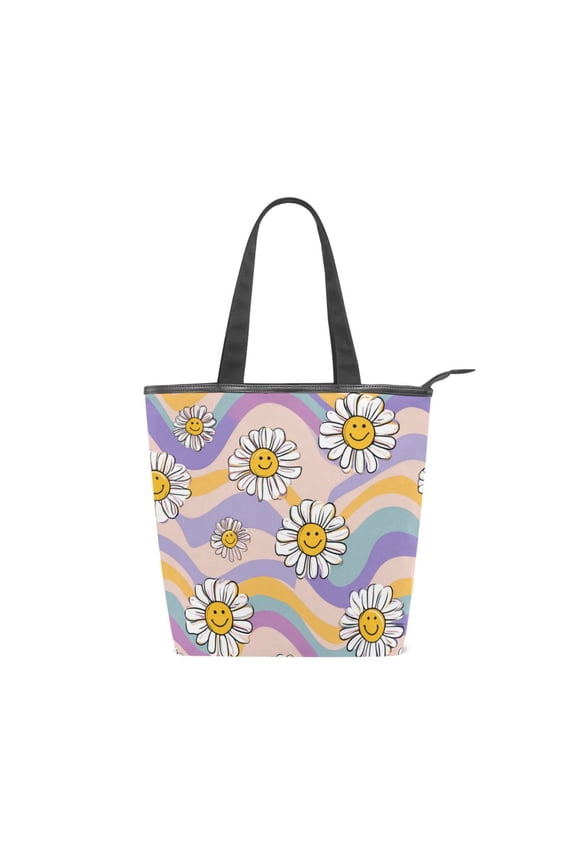 Zipper canvas bag large capacity large size practical handbag durable Canvas with leather material Smiley Faces