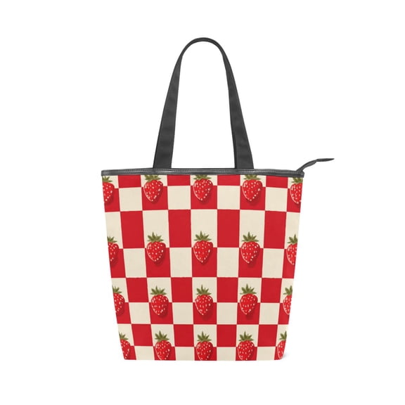 Zipper canvas bag large capacity large size practical handbag durable Canvas with leather material Strawberries Checkered Tablecloth