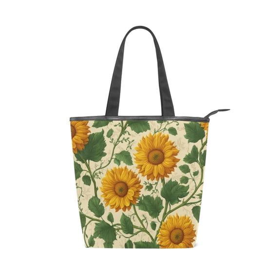 Zipper canvas bag large capacity large size practical handbag durable Canvas with leather material Vintage Blooming Sunflowers