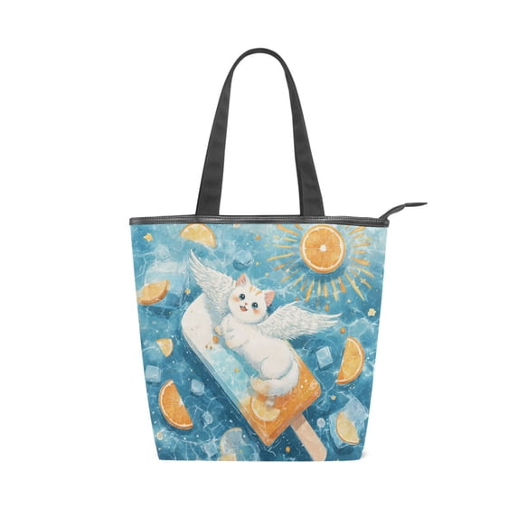 Zipper canvas bag large capacity large size practical handbag durable Canvas with leather material White Cat with Wings