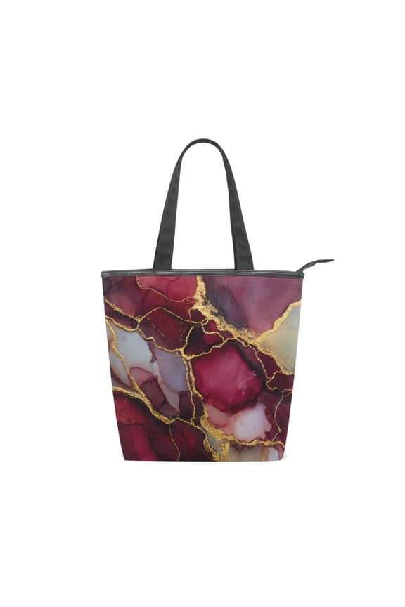 Zipper canvas bag large capacity large size practical handbag durable Canvas with leather material Wine-red Marble