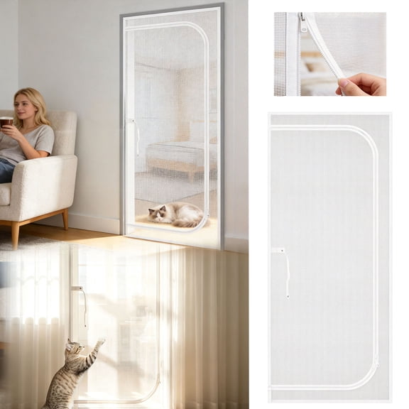 Zipper-style mosquito screen, pet barrier curtain, balcony door screen; secures with , no drilling required; provides good ventilation and light transmission,White ,39.37*86.61inch