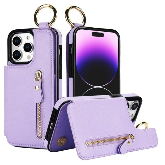 Zipper wallet with card holder ring leather phone case for iPhone 16 pro protective cover