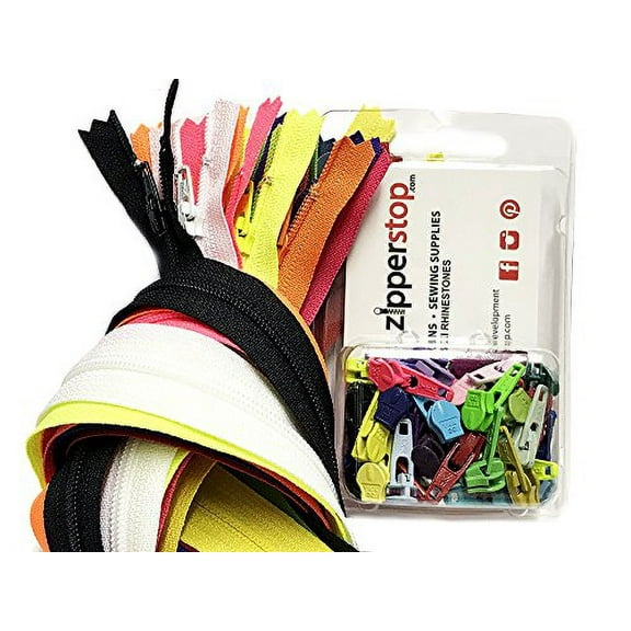 ZipperStop Wholesale - Zipper Repair Kit Solution #3 Coil YKK Brand Slider use in Sewing or Jewelry -Choice of Brights, Neutrals, or Mix (YKK Bright Set - 12pcs 22 inches Zippers / 30 Pulls)