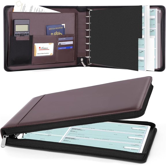Zippered 7 Ring Business Checkbook Binder Portfolio for 3-on-a-Page Business Checks, 600 Checks Capacity, PU Leather Check Binder Cover with Zipper Pouch & Dividers for 9x13 Sheets, Dark Coffee