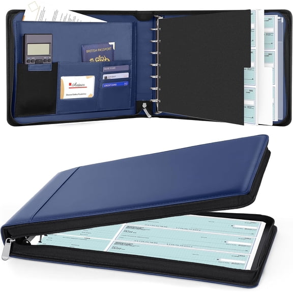 Zippered 7 Ring Business Checkbook Binder Portfolio for 3-on-a-Page Business Checks, 600 Checks Capacity, PU Leather Check Binder Cover with Zipper Pouch & Dividers for 9x13 Sheets, Navy Blue