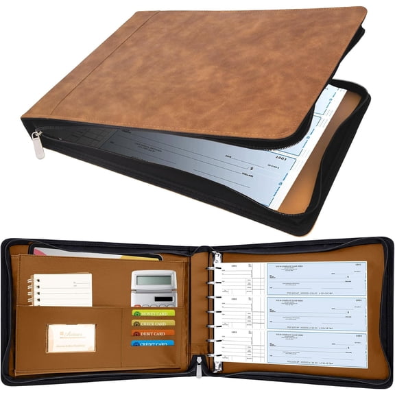 Zippered 7 Ring Business Checkbook Binder Portfolio for 3-on-a-Page Business Checks, 600 Checks Capacity, PU Leather Check Book Binder Cover for 9x13 Sheets, Built-in Storage Organizer, Brown