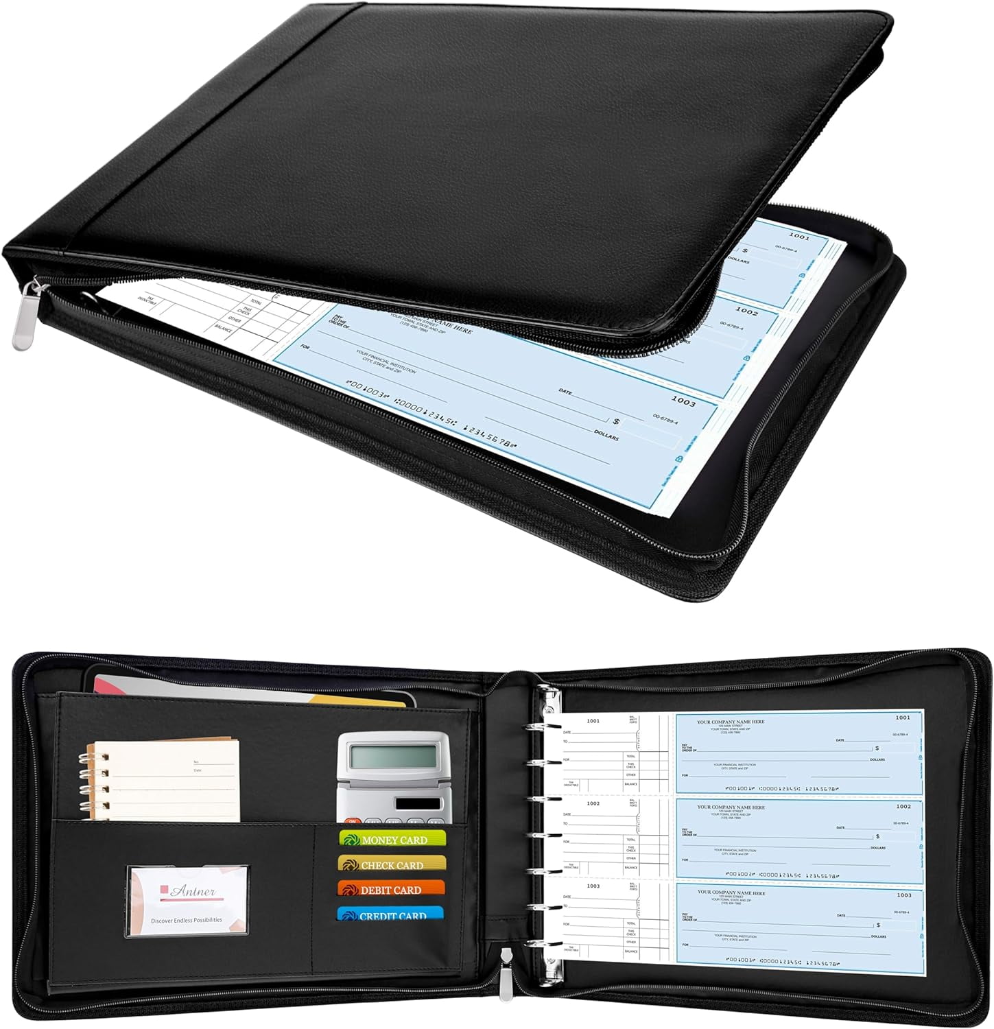 Zippered 7 Ring Business Checkbook Binder Portfolio for 3-on-a-Page ...