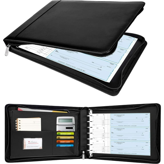 Zippered 7 Ring Business Checkbook Binder Portfolio for 3-on-a-Page Checks, 600 Checks Capacity, PU Leather Check Book Cover 9x13 Sheets, Built-in Storage Organizer, Black
