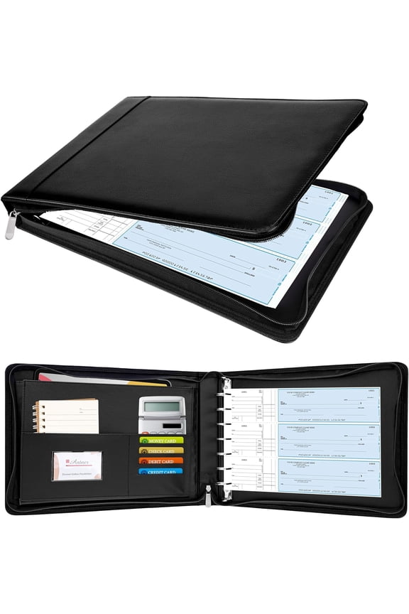 Zippered 7 Ring Business Checkbook Binder Portfolio for 3-on-a-Page Checks, 600 Checks Capacity, PU Leather Check Book Cover 9x13 Sheets, Built-in Storage Organizer,