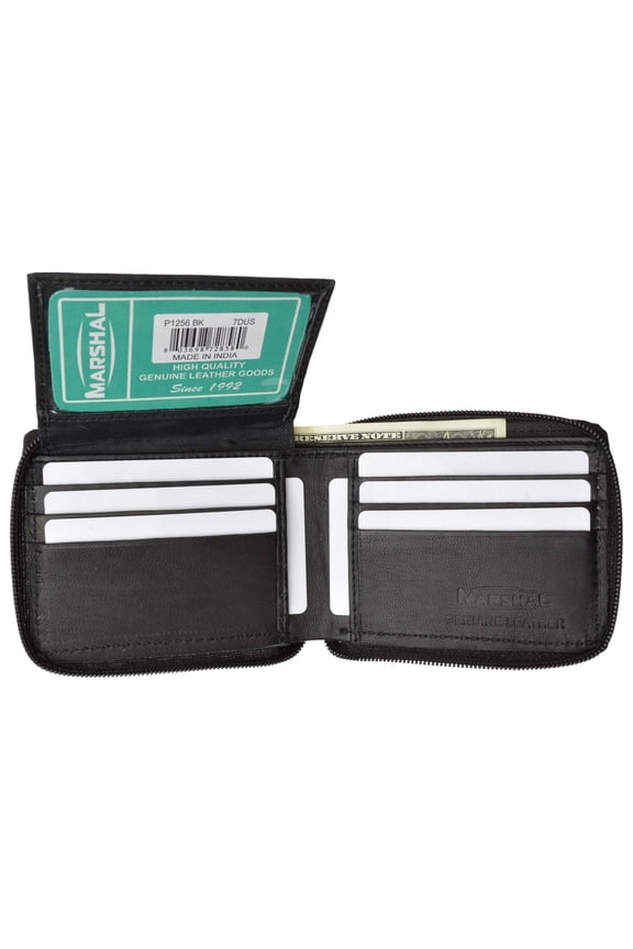 Zippered Bifold Mens Wallet Deluxe Credit Card Flip Genuine Lamb Leather P 1256 (C) Black