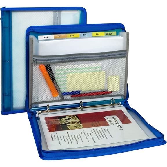 Zippered Binder with Expanding File, 2" Expansion, 7 Sections, Zipper Closure, 1/6-Cut Tabs, Letter Size, Bright Blue