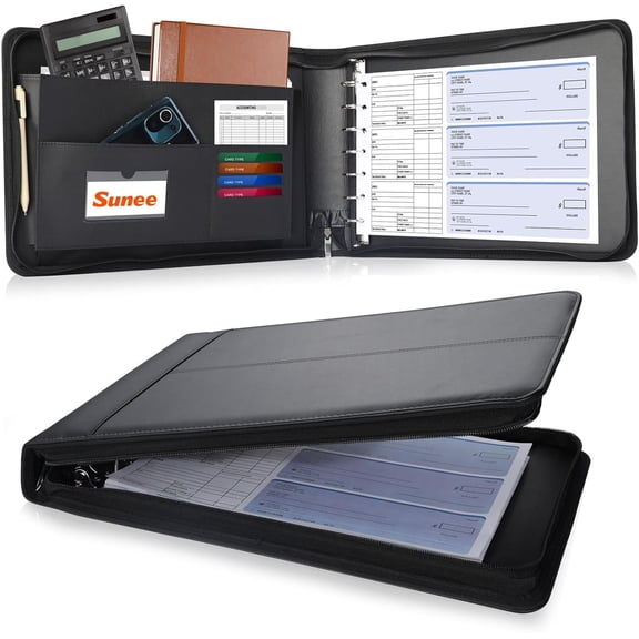 Zippered Business Checkbook Binder 7 Ring 1 Inch with Zipper for Checks (9" x 13"), PU Leather Check Holds 600 Capacity Executive Supplies,