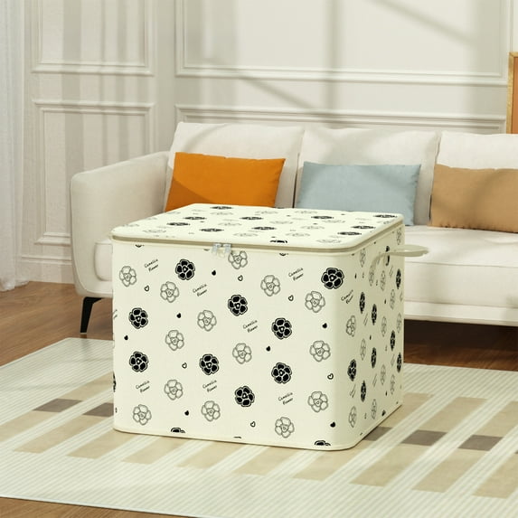 Zippered Canvas Storage Box, Large Capacity Organizer with Handles, Camellia Floral Print Fabric Decorative Bin for Home, Closet, Dorm Storage A