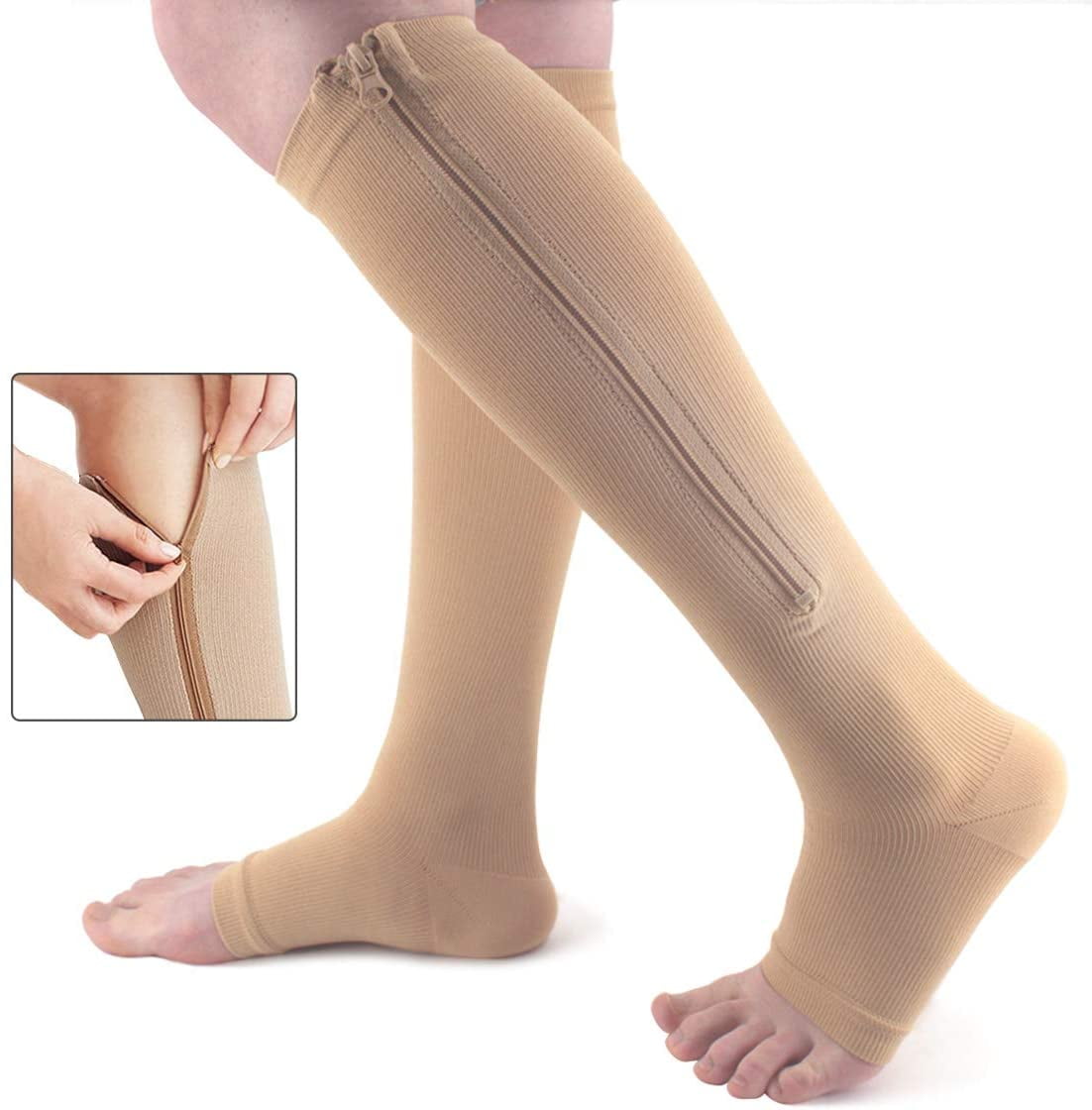 Zippered Compression Socks Medical Grade ? Firm, Easy-On, (15-20 mmHg),  Knee High, Open Toe, Best Stockings for Men and Women - Varicose Veins,  Post Surgery, Edema, Improve Circulation(Beige) 