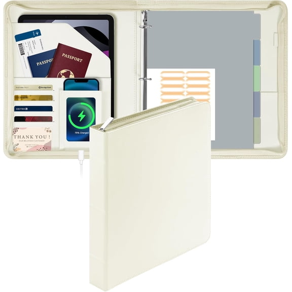 Zippered Leather 3 Ring Binder Organizer with Pockets Business Portfolio Folder Card Slots, Phone Holder, Pen Loop (Beige)