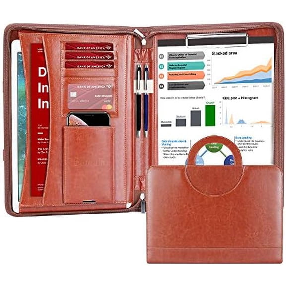 Zippered Leather Padfolio Portfolio with Hidden Handle and Clipboard, Business Conference Organizer Notepad Folder, Portfolio Bag, Padfolio for Women/Men (Brown)