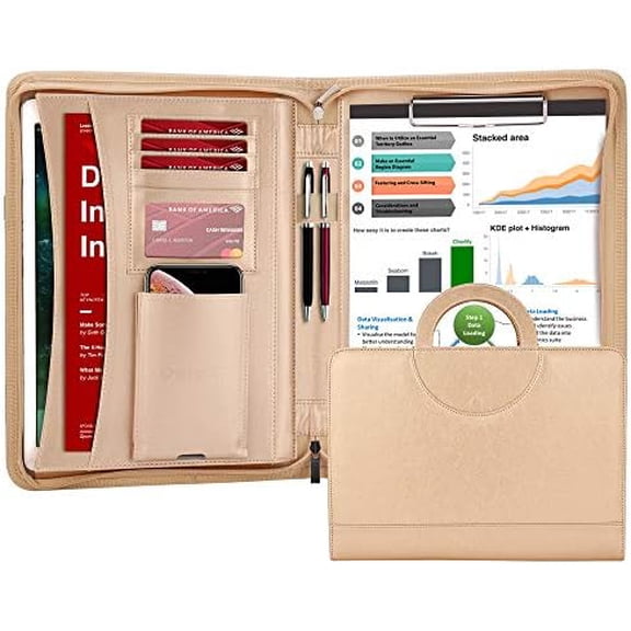 Zippered Leather Padfolio Portfolio with Hidden Handle and Clipboard, Business Conference Organizer Notepad Folder, Portfolio Bag, Padfolio for Women/Men (Gold)