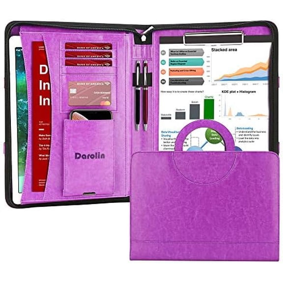 Zippered Leather Padfolio Portfolio with Hidden Handle and Clipboard, Business Conference Organizer Notepad Folder, Portfolio Bag, Padfolio for Women/Men (Purple)