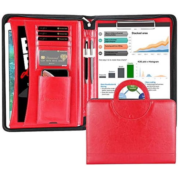 Zippered Leather Padfolio Portfolio with [Hidden Handle] and [Clipboard], Business Conference Portfolio Organizer Notepad Folder, Padfolio for Women/Men (Red)