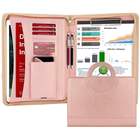 Zippered Leather Padfolio Portfolio with [Hidden Handle] and [Clipboard], Business Conference Organizer Notepad Folder, for Women/Men (Rosegold)