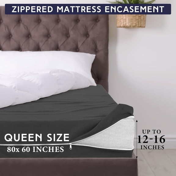 Zippered Mattress Protector Queen Size 12-16 Inch Deep Pocket Encasement Soft Microfiber Fitted Sheet Cover Dark Gray