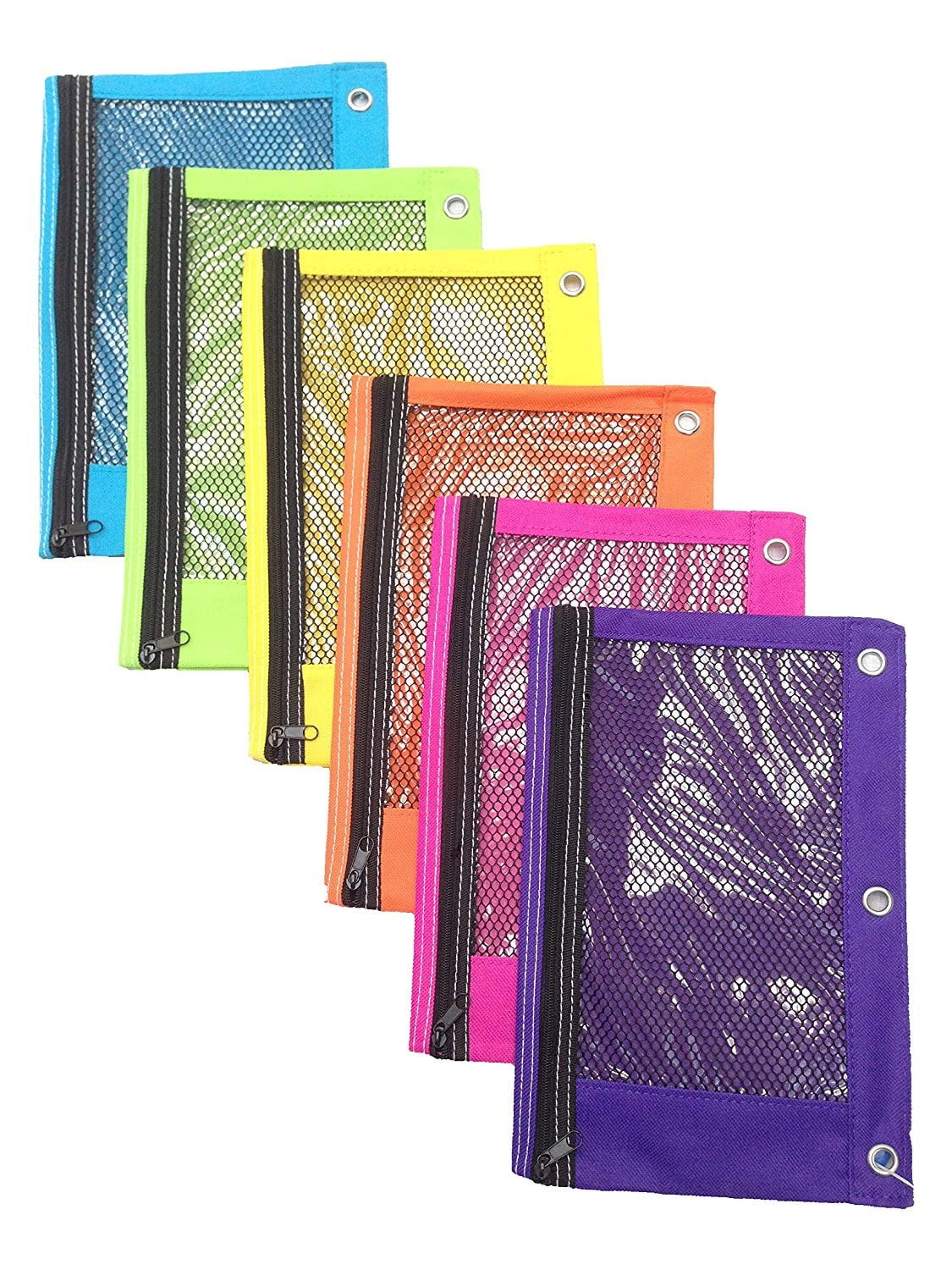 Zippered Mesh Pencil Pouch for 3pc Ring School Binders Bright Assorted