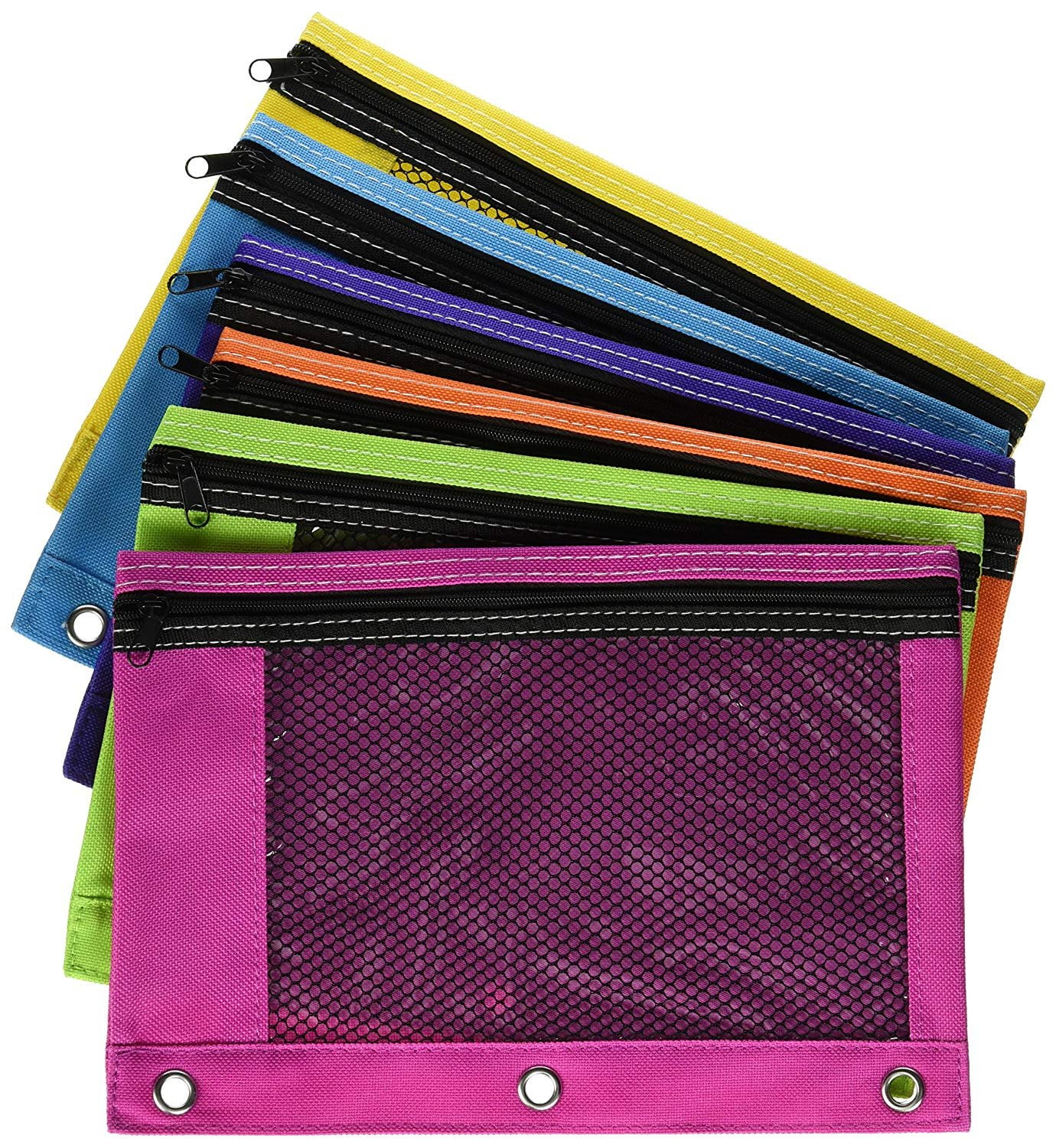 Zippered Mesh Pencil Pouch for 3 Ring School Binders Bright Assorted