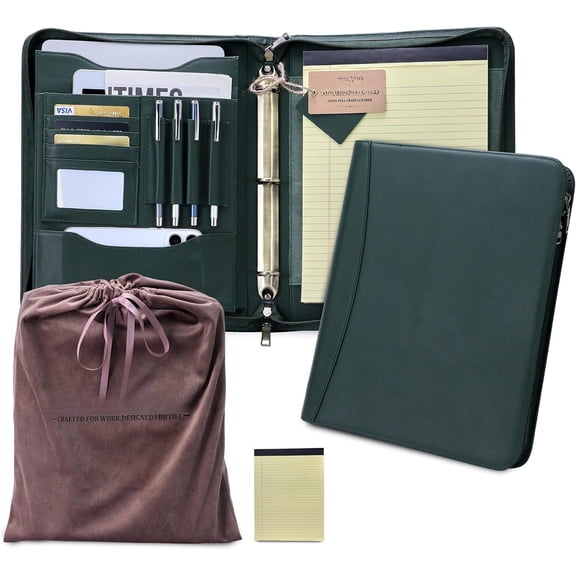 Zippered Padfolio with 3 Ring Binder, A4/Letter Portfolio Organizer for Work, Fits 13.9" Laptop, Business Folder with Notepad Holder, Meetings & Interviews (Green)