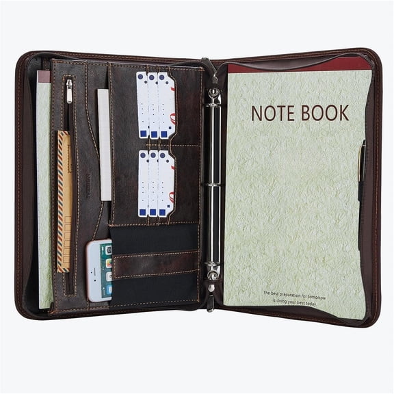 Zippered Padfolio Binder, Faux Leather Organizer with 3-Ring Binder, Left-Handed Design, Business Card Slots & Document Folders - Professional Padfolio for Office (Dark Brown)