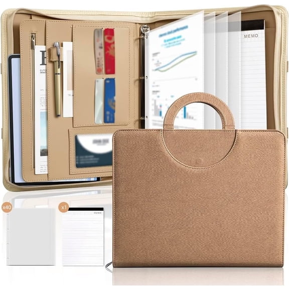 Zippered Padfolio Portfolio Binder, 40 Sleeves & Tablet Holder Case | Features 40 transparent sleeves, tablet pocket & writing pad. Textured leather for office & travel. Secure zipper closure.