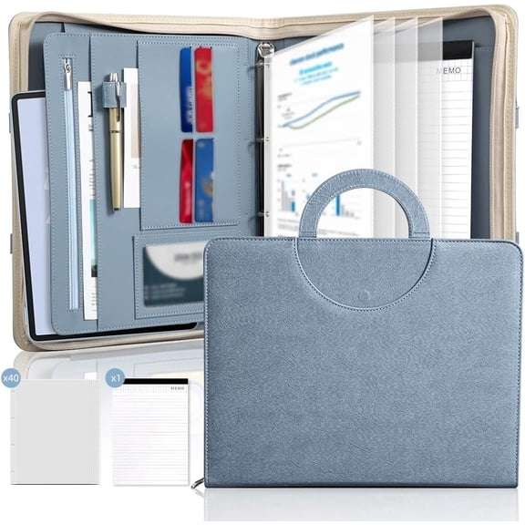 Zippered Padfolio Portfolio Binder, 40 Sleeves & Tablet Holder Case | Features 40 transparent sleeves, tablet pocket & writing pad. Textured leather for office & travel. Secure zipper closure.