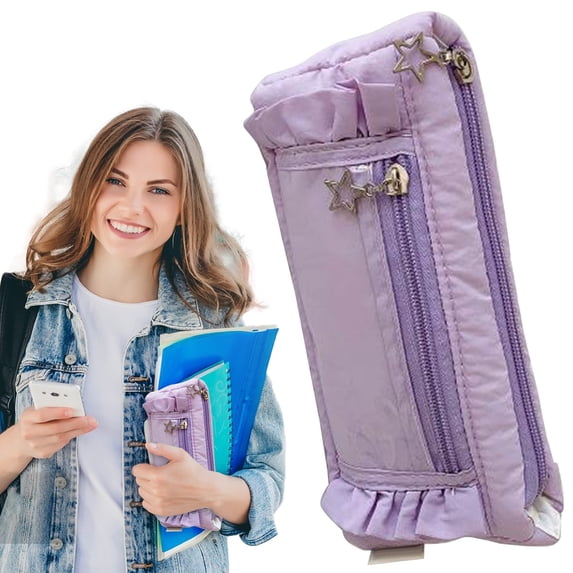 Zippered Pencil Case Large Capacity, Pen Storage Bag Stationery Organizer Pouch for Office Supplies and Cosmetic Makeup Bag - Purple