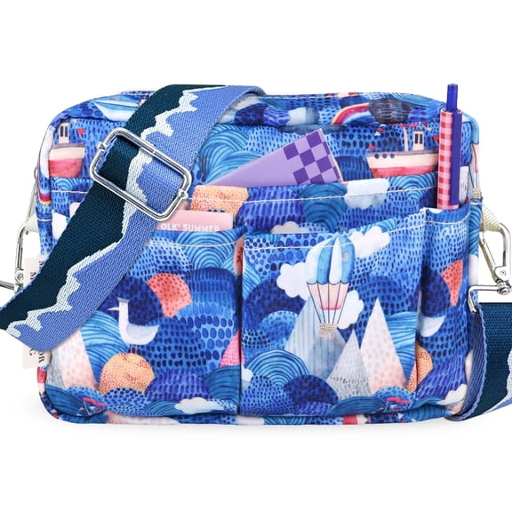 Zippered Portfolio Shoulder Bag with Adjustable Strap, Waterproof Multiple Pockets Travel Pencil Case and Cosmetic Makeup Organizer for Journal, Office, Art Supplies(Ocean)