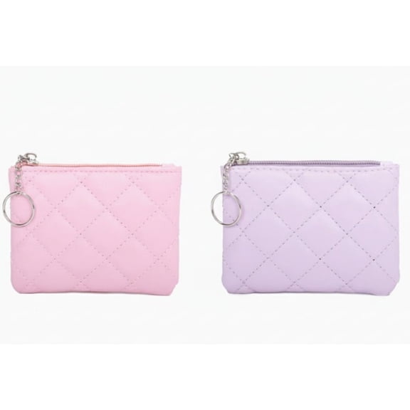Zippered Rhombus Embroidery Coin Purse - PU Leather Portable Mini Wallet with Keychain, Purple&Pink Unisex Short Purse for Coins, Keys & Small Items