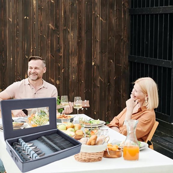 Zippered Silverware Storage Box with Felt Lined  Lid Gray Fabric Chest  for Utensils Organizing Large Capacity No Cutlery Included