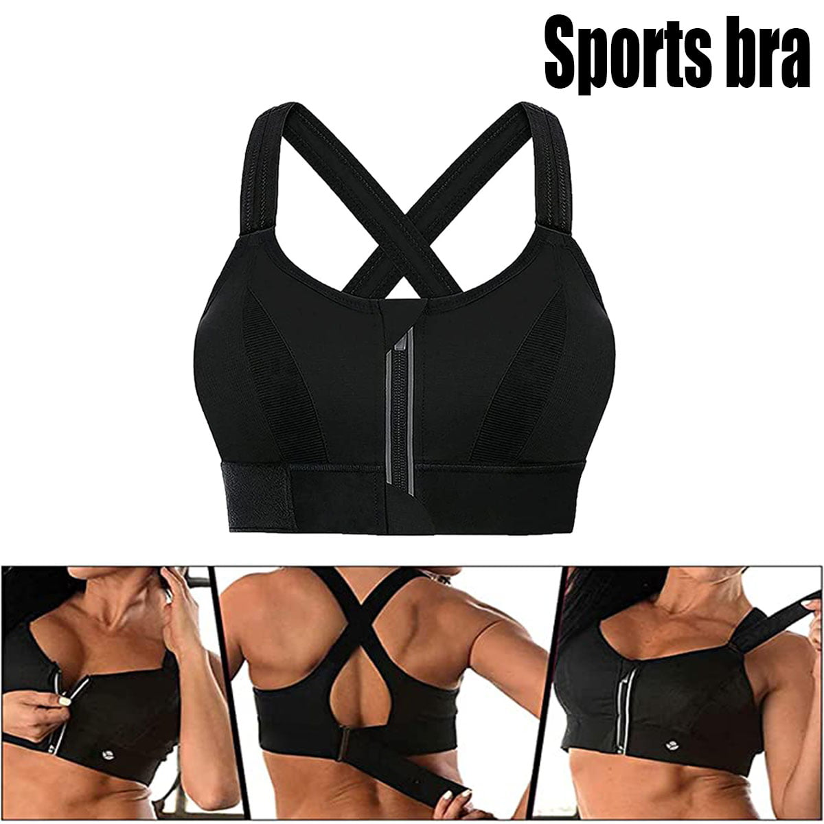 Zippered Sports Bra Unwired Front Zipper Closure Adjustable Straps Tank Top  Yoga Cross Back Beauty Underwear