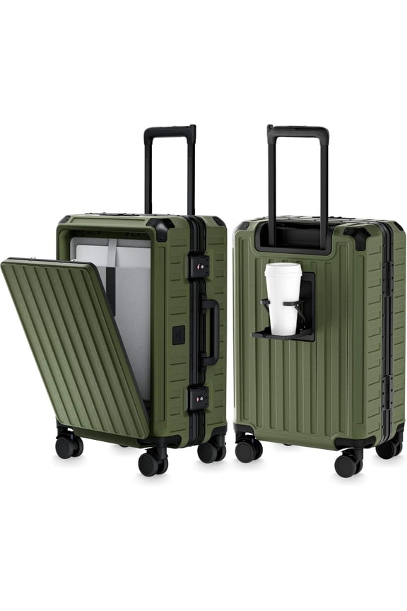 Zipperless Carry-On Luggage with Spinner Wheels, Aluminum Polycarbonate Hard Shell Front-Opening Suitcase, TSA Locks, Cup Holder, Olive Green, 21 Inch