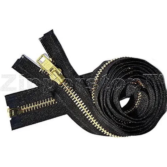 Zipperstop Wholesale YKK- Extra Heavy Duty Jacket Zipper YKK #10 Brass- Metal Teeth Separating -Chaps Zippers for Crafter's Special Color Black #580 Made in USA -Custom Length (26 inches)