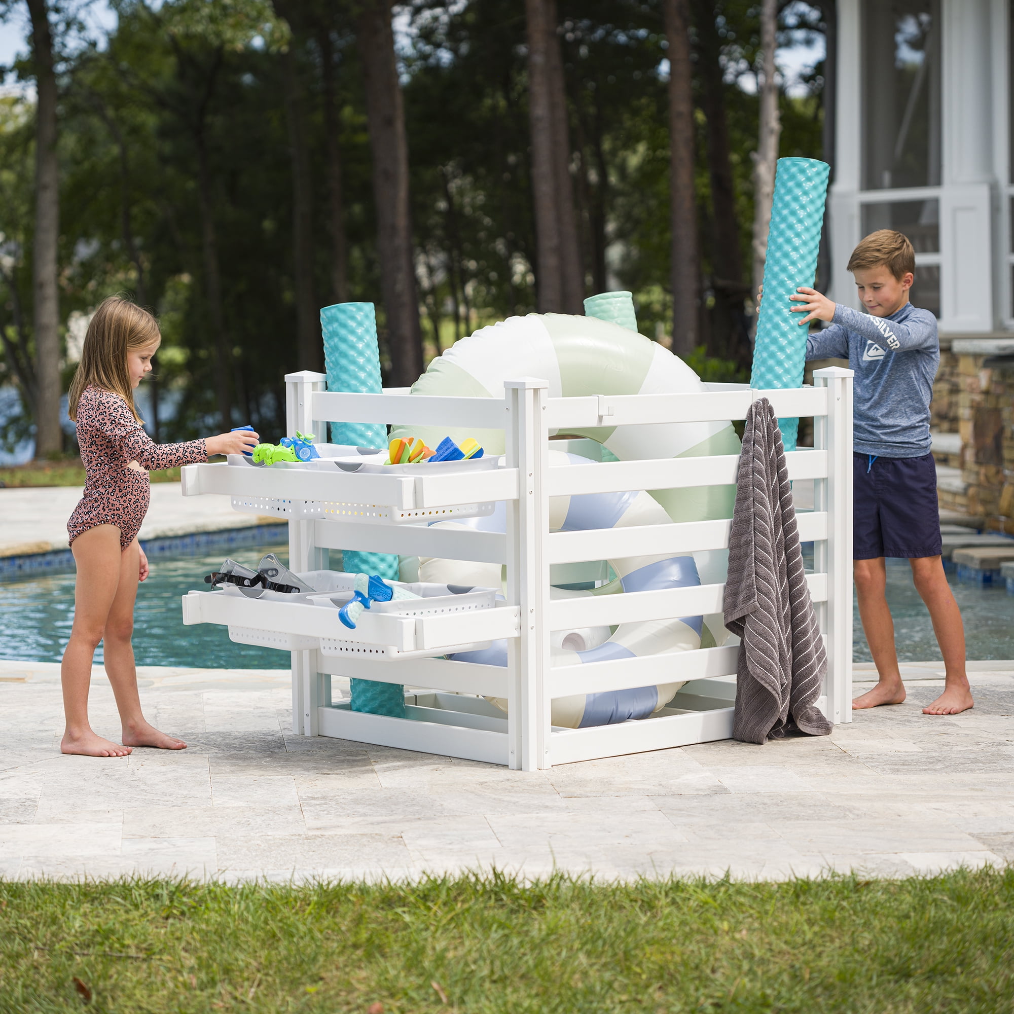 White UV Resistant Vinyl Outdoor Pool Float Storage Organizer