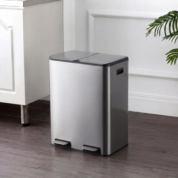 Zipple Rectangular 16 Gallon (60L) Dual Compartment Recycling Step Pedal Trash Can with Soft-Close Double Lids, Platinum Silver