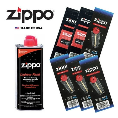 Zippo 4 fl oz Fluid Fuel and 6 Value Pack ( 24 Flints + 2 Wick ) Gift Set Combo