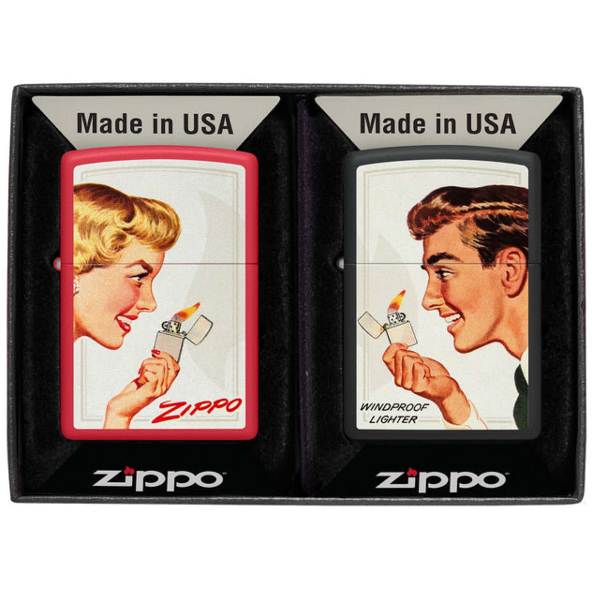 Zippo 46295 Vintage Ad Matte Black and Red Pocket Lighter Set