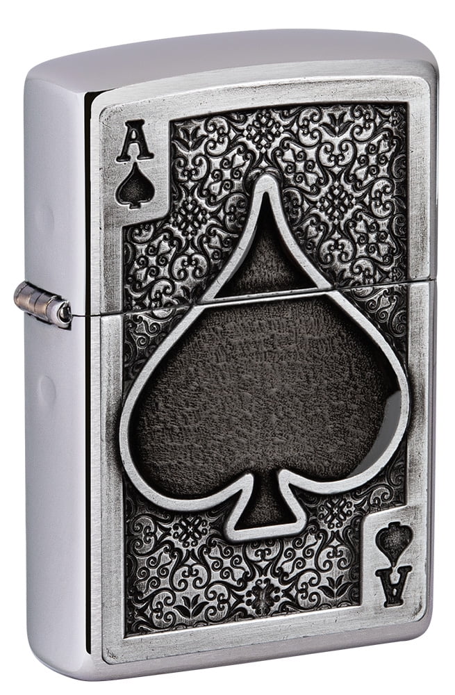 Zippo Ace of Spades Emblem Pocket Lighter, Brushed Chrome