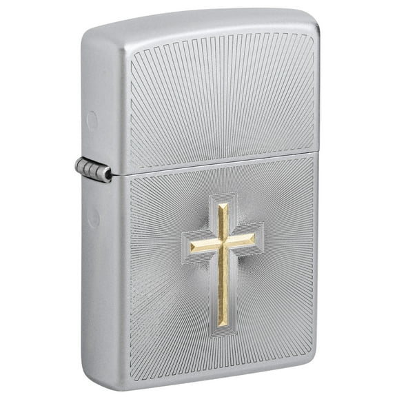 Zippo Auto Two Tone Cross Design Satin Chrome Pocket Lighter