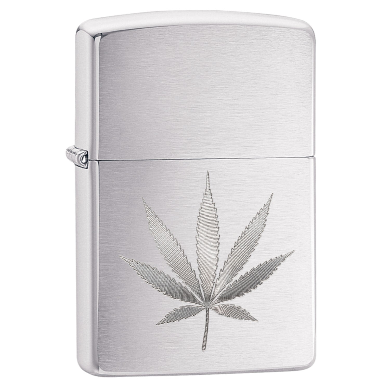 Zippo Brushed Chrome Pocket Lighter, Marijuana Leaf Design