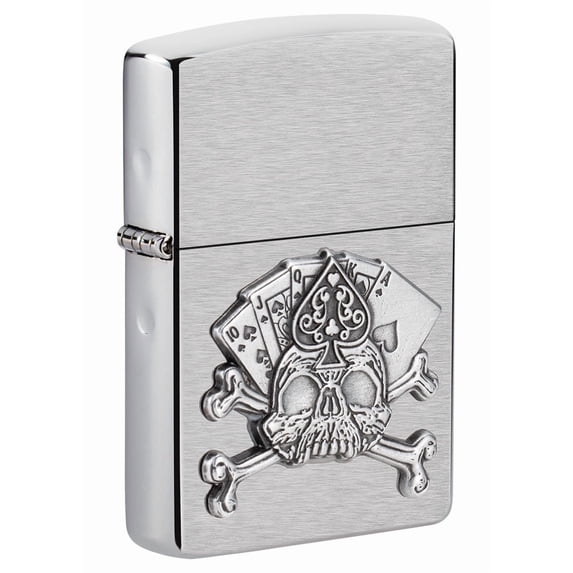 Zippo Card Skull Emblem Brushed Chrome Pocket Lighter